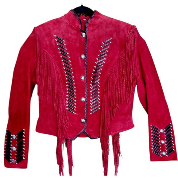 Vintage Cripple Creek Red Suede Leather Western Womens Jacket Beads Conchos Sz L - Picture 1 of 8